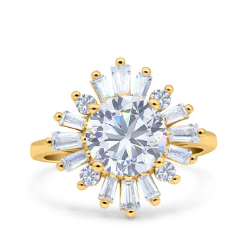 14K Yellow Gold Art Deco Wedding Bridal Ring Baguette Round Simulated Cubic Zirconia Size-7